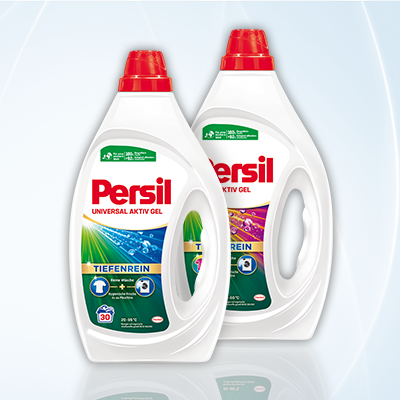 Zwei Persil Flüssigwaschmittel: Universal & Color mit rotem Verschluss – starke Reinigung & Farbschutz für jede Wäsche. Link zur Markenseite/Flüssigwaschmittel