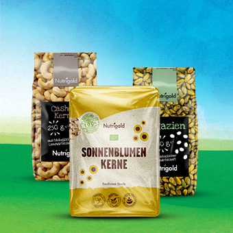 Natürliche Snacks von Nutrigold – gesunde Zwischenmahlzeiten aus hochwertigen, pflanzlichen Zutaten.