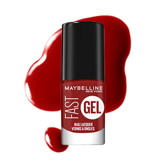 Maybelline Fast Gel Nagellack in Rot – Flasche vor rotem Lackklecks, schnelltrocknender Glanz für perfekte Nägel. - Link zur Markenseite/Nagel