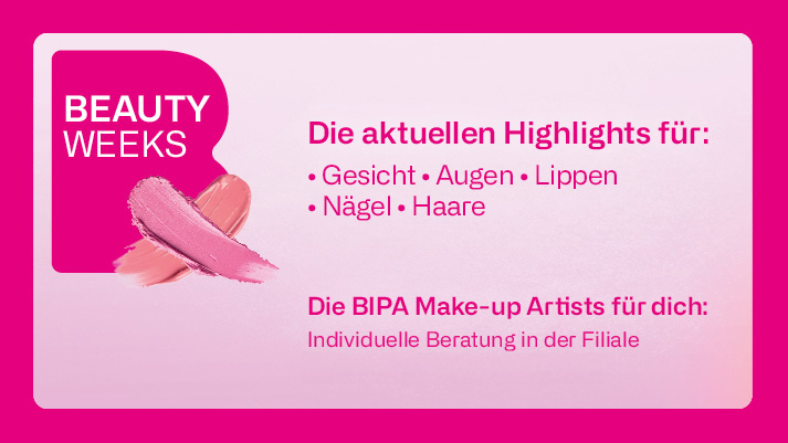 BIPA Beautyweeks Banner mit Infos zu Make‑up‑Highlights für Gesicht, Augen, Lippen, Nägel und Haare sowie Beratung durch Make‑up Artists.