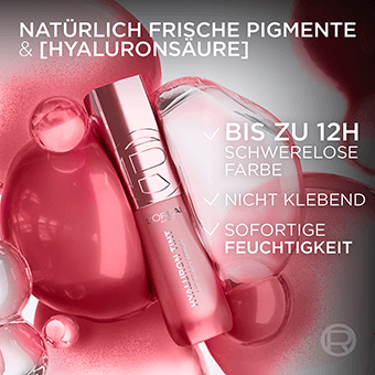 L’Oréal Lipgloss mit frischen Pigmenten und Hyaluronsäure vor rosa Textur – bis zu 12 h Farbe, leichte Textur und sofortige Feuchtigkeit.