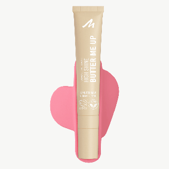 Beiges ‚Butter Me Up‘ High‑Shine Lippenprodukt vor rosa Form – pflegender Lipgloss für Glanz, Feuchtigkeit und natürlichen Look.