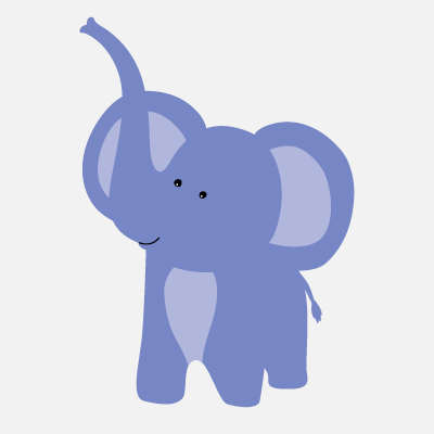 Niedliche Illustration eines blauen Elefanten mit erhobenem Rüssel auf weißem Hintergrund.