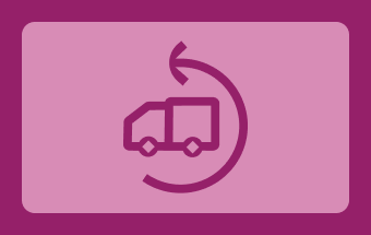 Icon in Pink mit einem Paket und Pfeilen auf hellgrünen Hintergrund