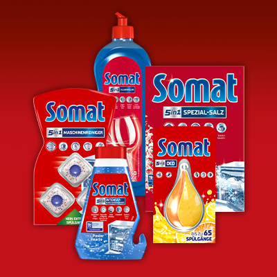 Somat Systemprodukte für Geschirrspüler: Tabs, Gel & Salz in roter Verpackung – effektive Reinigung & Pflege. - Link zur Markenseite/Systemprodukte