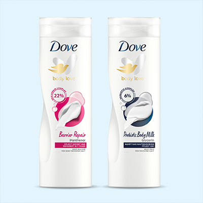 Dove Bodylotions: Intensive Repair mit 48h Pflege & Nourishing Secrets mit 72h Feuchtigkeit – für trockene Haut. - Link zur Markenseite/Bodylotion 