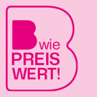 Pinkes „B wie Preiswert“-Logo von BIPA als Hinweis auf günstige Angebote, Aktionen und preiswerte Produkte.