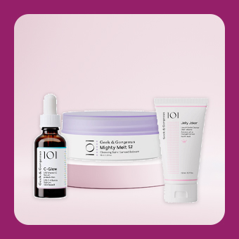 Geek & Gorgeous Hautpflege-Set mit Serum, Reinigungsbalm und Gel-Cleanser – effektive Pflege für strahlende, reine Haut.