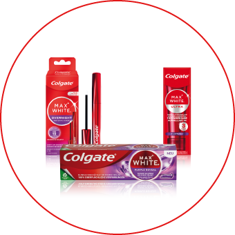 Colgate Max White Zahnpasta & Whitening-Produkte in Rot – für effektive Zahnaufhellung & Zahnhygiene. Link zu Colgate Markenseite/Whitening.