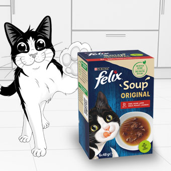 FELIX Suppen für Katzen – feine Brühen mit Fleischstückchen, ideal zur Flüssigkeitsaufnahme und Genuss.