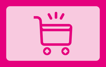 Icon in Pink mit einem Einkaufswagen auf hellblauen Hintergrund