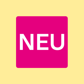 Pinkes ‚Neu‘‑Icon auf gelbem Hintergrund als Hinweis auf neue Produkte, Trends und aktuelle Sortimentserweiterungen.