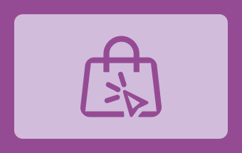 Symbol einer Hand mit Zeigefinger, die auf eine Einkaufstasche zeigt, dargestellt in Rosa auf einem hellgrünen Hintergrund.