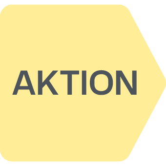 Gelbes Aktionssymbol in Pfeilform mit dem Wort Aktion, Hinweis auf Angebote und Sparaktionen bei BIPA.