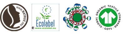 Natrue.org, EU Ecolabel, Umweltzeichen und Organic Textile Standard Gütesiegel auf weißem Hintergrund.