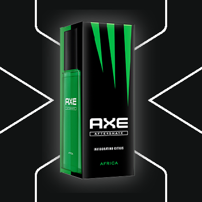 AXE Aftershave Africa im grün-schwarzen Design – Flasche und Verpackung für moderne Männerpflege. - Link zur Markenseite/Aftershave
