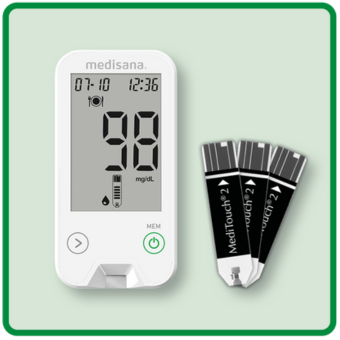 Blutzuckermessgerät mit digitalem Display und drei Teststreifen – ideal zur Diabeteskontrolle und Blutzuckermessung. - Link zur Markenseite/Blutzuckermessgeräte