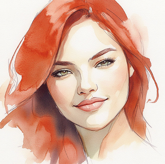 Aquarellporträt mit fließendem roten Haar, unscharfem Gesicht – künstlerische Darstellung von Haarfarbe & Stiltypberatung.