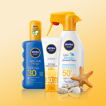 NIVEA Sun Produkte: Sonnenmilch LSF 30, Anti-Age Creme & Kids Spray LSF 50+ mit Muscheln & Seestern. - Link zur Markenseite/Sonnenpflege