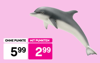 Schleich Delfin-Spielzeug bei BIPA: Jetzt mit Punkten nur 2,99 € statt 5,99 €. Rosa Hintergrund, Spielwaren-Angebot.