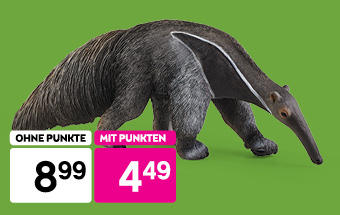 Schleich Ameisenbär-Spielzeug bei BIPA: Jetzt mit Punkten nur 4,49 € statt 8,99 €. Grüner Hintergrund, Spielwaren-Angebot.