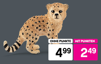 Schleich Gepardenbaby-Spielzeug bei BIPA: Jetzt mit Punkten nur 2,49 € statt 4,99  €. Grauer Hintergrund, Spielwaren-Angebot.