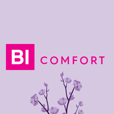 BI Comfort Logo mit lila Blumenmotiv auf hellviolettem Hintergrund – steht für sanfte & zuverlässige Hygieneprodukte.