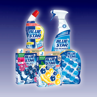 Blue Star Sortiment mit WC-Reiniger, Lufterfrischer und WC-Steinen – effektive Badreinigung & Frische. Link zur Markenseite/Gesamtes Sortiment