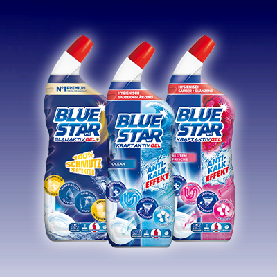 Drei Blue Star WC-Reiniger in den Sorten Zitrone, Ocean Fresh & Rose vor blauem Hintergrund präsentiert. Link zur Markenseite/WC Reiniger