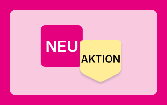 Icon mit Aktionsbadge und Tiefpreisbadge auf lila Hintergrund