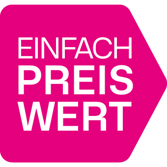 Pinkes Preiswert‑Symbol mit Schriftzug Einfach Preiswert, Hinweis auf Sparvorteile und günstige Angebote.