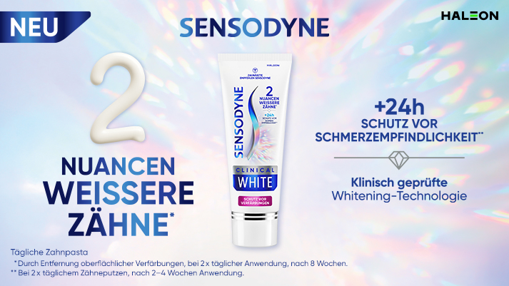 Sensodyne Clinical White Zahnpasta Banner mit Tube, wirbt für zwei Nuancen weißere Zähne und 24‑Stunden‑Schutz.