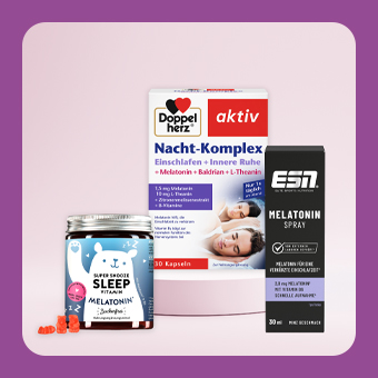Melatonin‑Produkte und Nahrungsergänzung zur Unterstützung der Nachtruhe, darunter Kapseln, Spray und Pulver.