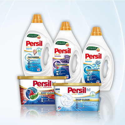 Persil Expert Flüssigwaschmittel und Deep‑Clean‑Produkte für kraftvolle Fleckenentfernung, langanhaltende Frische und Tiefenreinheit.