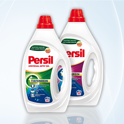 Zwei Persil Flüssigwaschmittel: Universal & Color mit rotem Verschluss – starke Reinigung & Farbschutz für jede Wäsche. Link zur Markenseite/Flüssigwaschmittel