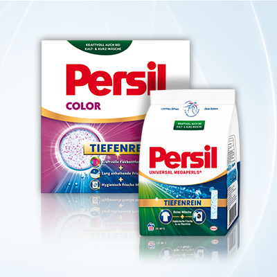 Persil Color und Persil Universal Tiefenrein Pulver für strahlende Farben und hygienische Sauberkeit in jeder Waschladung.