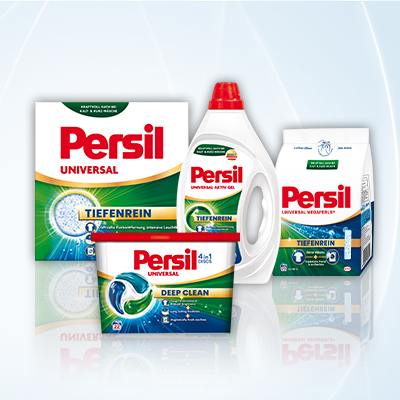 Persil Waschmittel‑Sortiment aus Pulver, Universal Aktiv Gel und 4in1 Discs für vielseitige, kraftvolle und farbschonende Reinigung.
