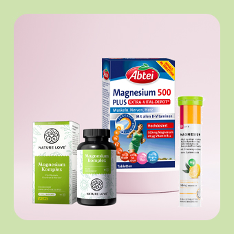 Verschiedene Magnesium‑Nahrungsergänzungsmittel von Abtei und Nature Love zur Unterstützung von Muskeln und Nerven.