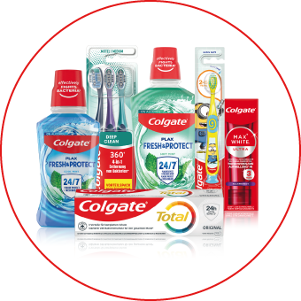 „Colgate Zahnpflege-Set mit Zahnbürste, Zahnpasta, Mundspülung & Zahnseide – für tägliche Mundpflege. Link zu Colgate Markenseite/Alle Produkte.