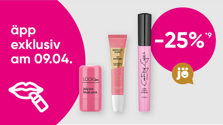 App‑exklusives Aktionsbanner mit Kosmetikprodukten, −25 % Rabatt am 09.04., Beauty‑Angebot für registrierte App‑Nutzer:innen