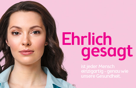 Frau vor rosa Hintergrund. Text: Jeder Mensch ist einzigartig – wie unsere Gesundheit.“