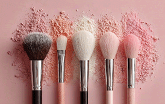 Make‑up‑Pinsel in verschiedenen Größen auf rosa Puderfarben arrangiert – Beauty‑Tools für Foundation, Rouge und professionelles Make‑up.