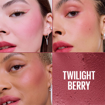 Produktabbildung der Farbnuance Twilight Berry mit mehreren Make‑up‑Swatches und Lippen‑Look in beerigen Tönen.