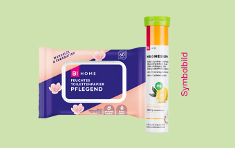 Symbolbild mit BI HOME pflegendem Feuchttuch‑Paket und Brausetabletten mit Magnesium für Haushalt und Wohlbefinden.
