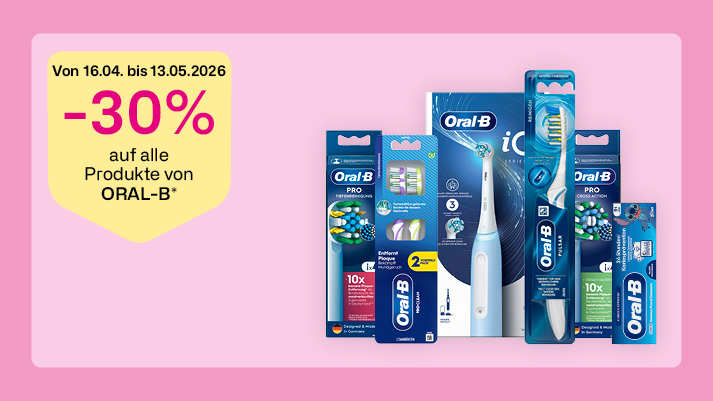 Verschiedene Oral‑B Zahnpflegeprodukte wie Zahnbürsten, Aufsteckbürsten und Zahnpasta sind nebeneinander dargestellt. Links ein gelber Hinweis „Von 16.04. bis 13.05.2026 –30 % auf alle Produkte von Oral‑B*