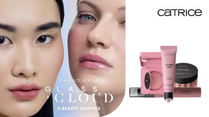 Catrice Key Visual mit zwei Gesichtern im Close-up und rosafarbenen Make-up-Produkten der „Glass Cloud“ Trend Drop Linie.