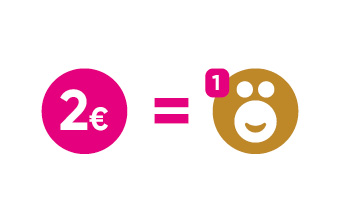 2 € Einkauf = 1 Bonuspunkt – pinker Kreis mit 2 €, goldener Punkt mit Smiley und Badge als Belohnungssystem-Symbol.