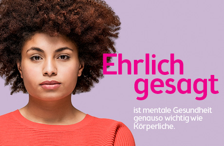 Frau vor lila Hintergrund. Text: Ehrlich gesagt, ist mentale Gesundheit  genauso wichtig wie körperliche.