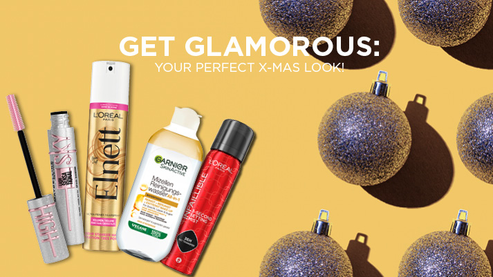 Maybelline Sky High Mascara, L’Oréal Elnett Haarspray, Garnier Mizellenwasser und L’Oréal Haarschaum für glamourösen X-Mas Look.