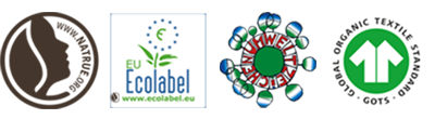 Natrue.org, EU Ecolabel, Umweltzeichen und Organic Textile Standard Gütesiegel auf weißem Hintergrund.
